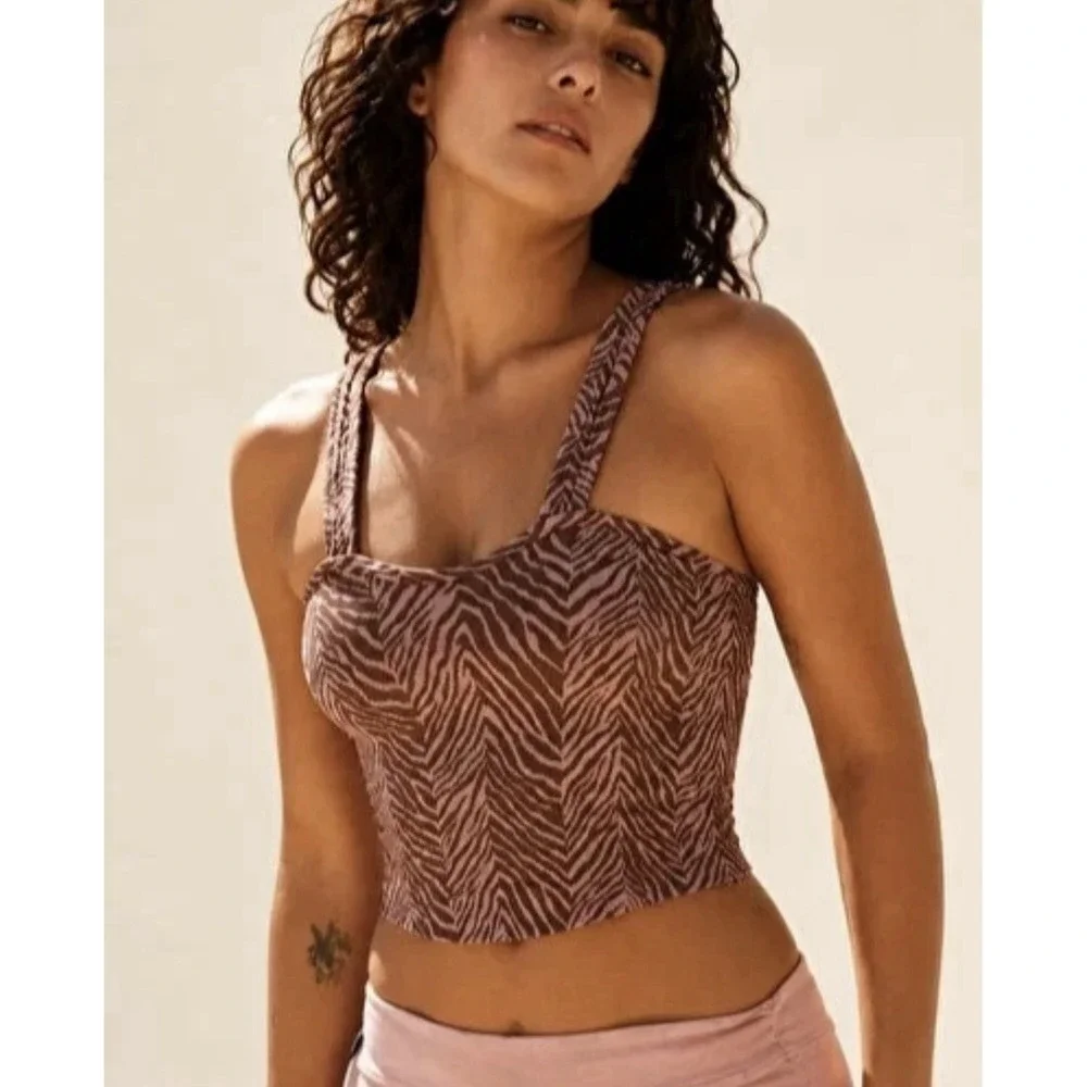 Free People FP Movement Womens Flutter Kick Tank Top Brown Zebra Print M/L